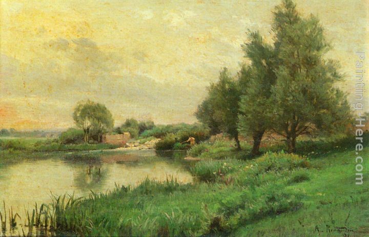 Alfred Renaudin Pecheur au bord de la riviere
